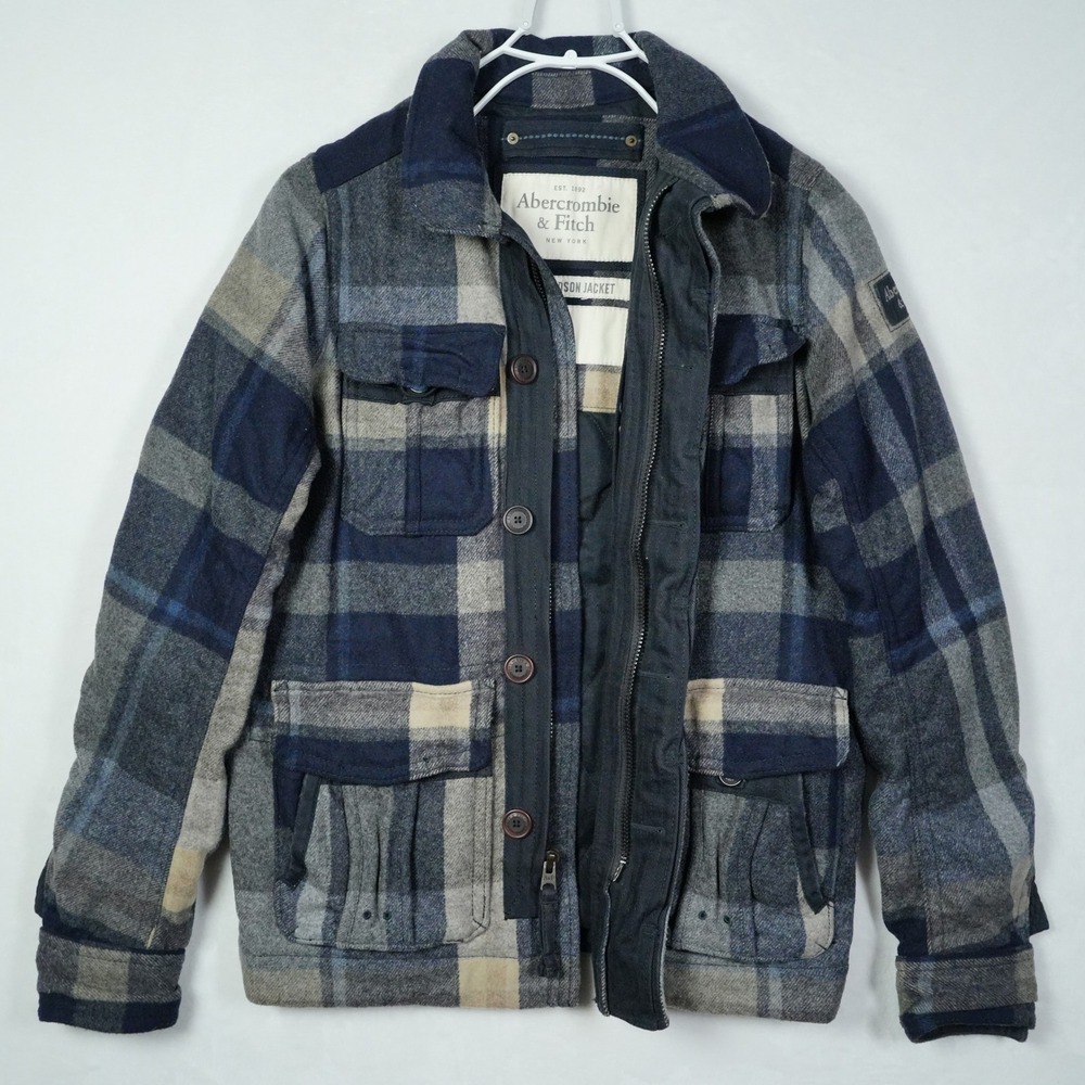 VTG Abercrombie & Fitch Mens Blue Plaid Wool Upper Hudson Field Jacket M Y2K